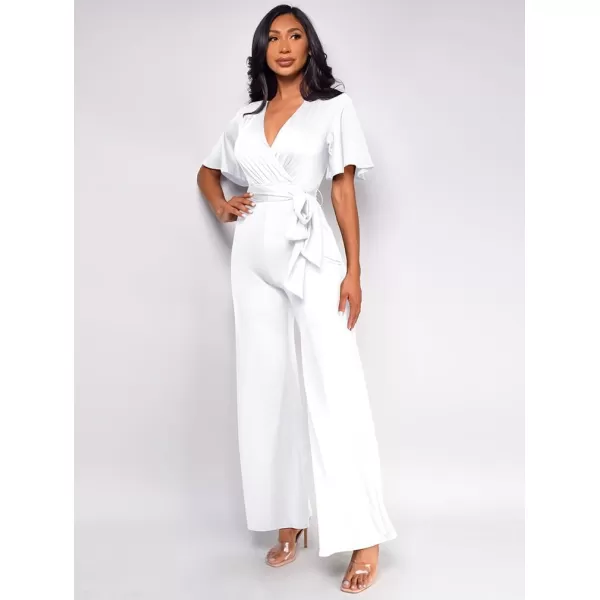 BEAGIMEG Womens Sexy Elegant Short Sleeve V Neck Wide Leg Party Club Cocktail JumpsuitWhite