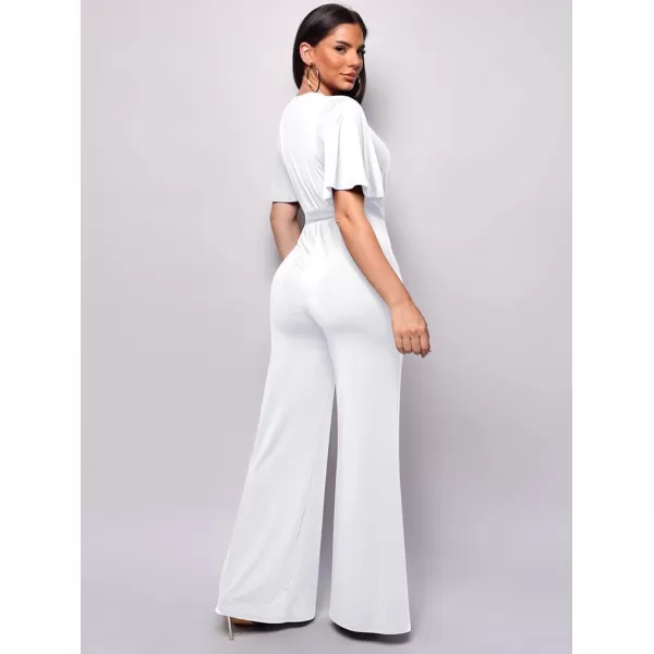 BEAGIMEG Womens Sexy Elegant Short Sleeve V Neck Wide Leg Party Club Cocktail JumpsuitWhite