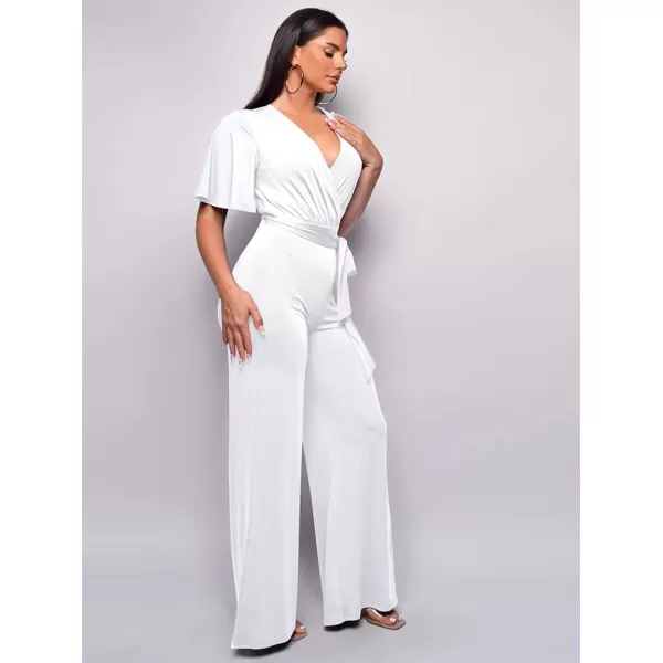 BEAGIMEG Womens Sexy Elegant Short Sleeve V Neck Wide Leg Party Club Cocktail JumpsuitWhite