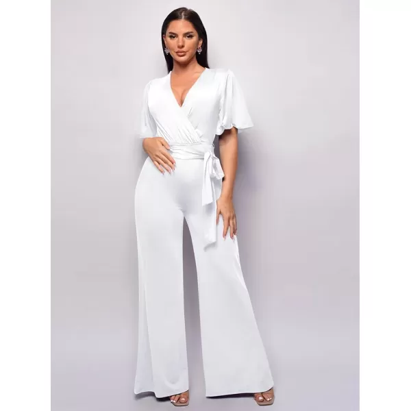 BEAGIMEG Womens Sexy Elegant Short Sleeve V Neck Wide Leg Party Club Cocktail JumpsuitWhite