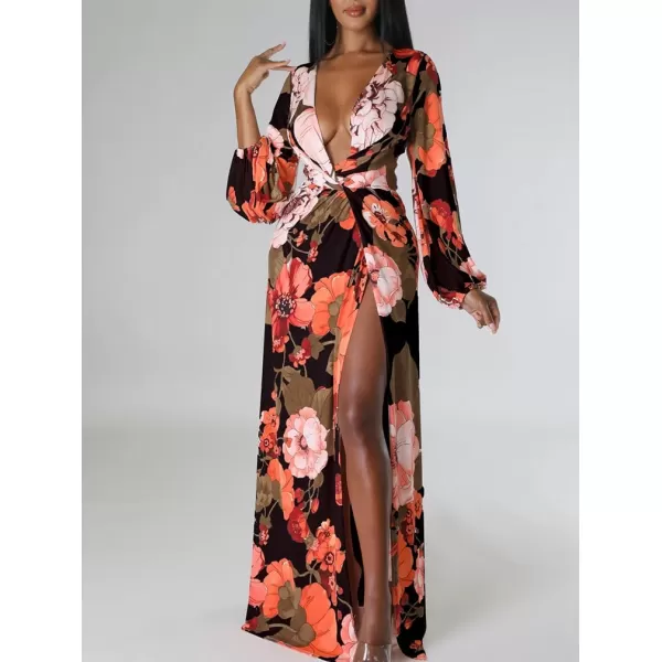BEAGIMEG Womens Sexy Long Sleeved Floral Print Deep VNeck High Slit Maxi Dress Long DressBlack
