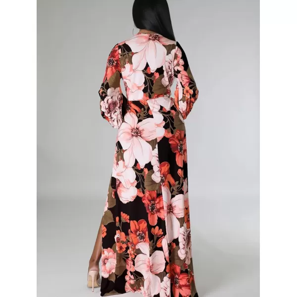 BEAGIMEG Womens Sexy Long Sleeved Floral Print Deep VNeck High Slit Maxi Dress Long DressBlack