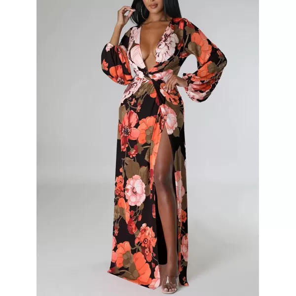 BEAGIMEG Womens Sexy Long Sleeved Floral Print Deep VNeck High Slit Maxi Dress Long DressBlack