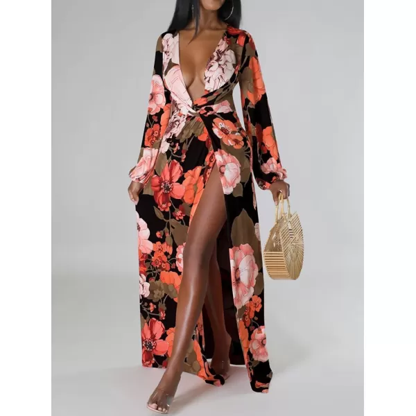 BEAGIMEG Womens Sexy Long Sleeved Floral Print Deep VNeck High Slit Maxi Dress Long DressBlack