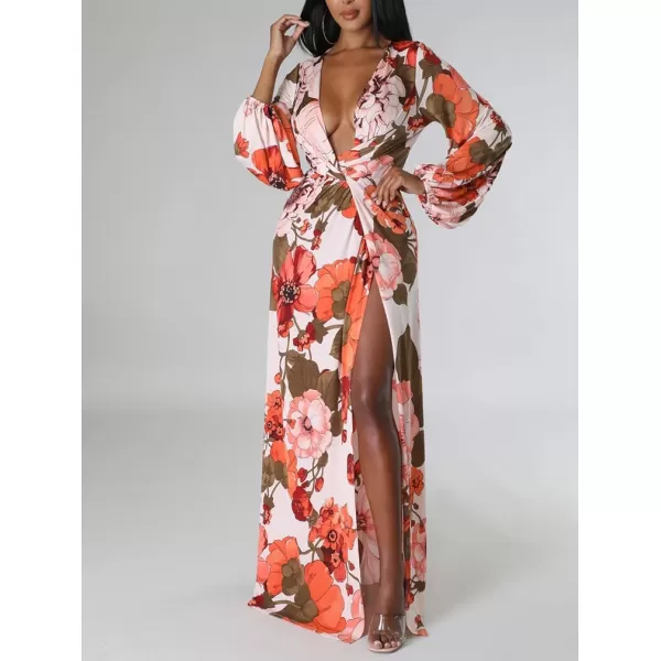 BEAGIMEG Womens Sexy Long Sleeved Floral Print Deep VNeck High Slit Maxi Dress Long DressOrange