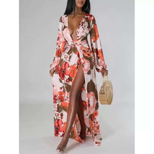 BEAGIMEG Womens Sexy Long Sleeved Floral Print Deep VNeck High Slit Maxi Dress Long DressOrange