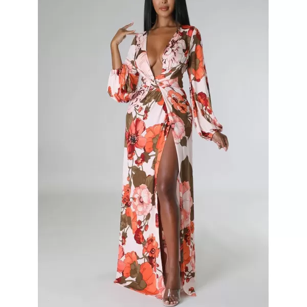BEAGIMEG Womens Sexy Long Sleeved Floral Print Deep VNeck High Slit Maxi Dress Long DressOrange