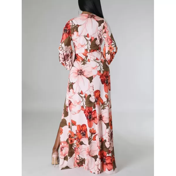 BEAGIMEG Womens Sexy Long Sleeved Floral Print Deep VNeck High Slit Maxi Dress Long DressOrange