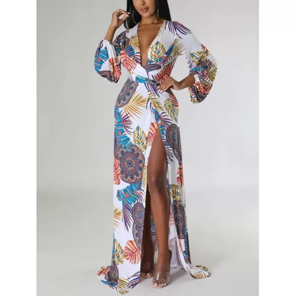 BEAGIMEG Womens Sexy Long Sleeved Floral Print Deep VNeck High Slit Maxi Dress Long DressWhite