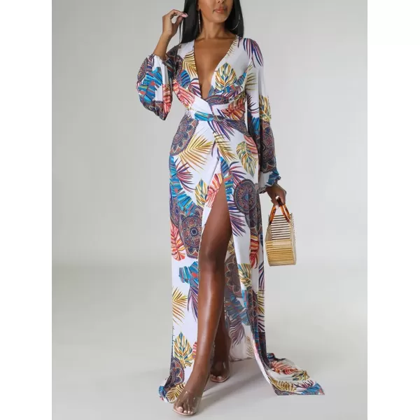BEAGIMEG Womens Sexy Long Sleeved Floral Print Deep VNeck High Slit Maxi Dress Long DressWhite