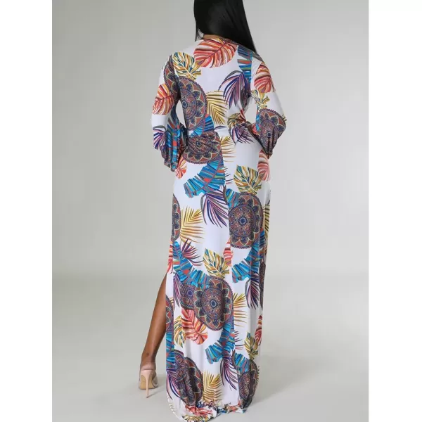 BEAGIMEG Womens Sexy Long Sleeved Floral Print Deep VNeck High Slit Maxi Dress Long DressWhite