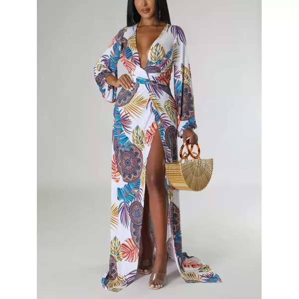 BEAGIMEG Womens Sexy Long Sleeved Floral Print Deep VNeck High Slit Maxi Dress Long DressWhite