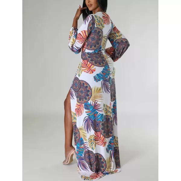 BEAGIMEG Womens Sexy Long Sleeved Floral Print Deep VNeck High Slit Maxi Dress Long DressWhite