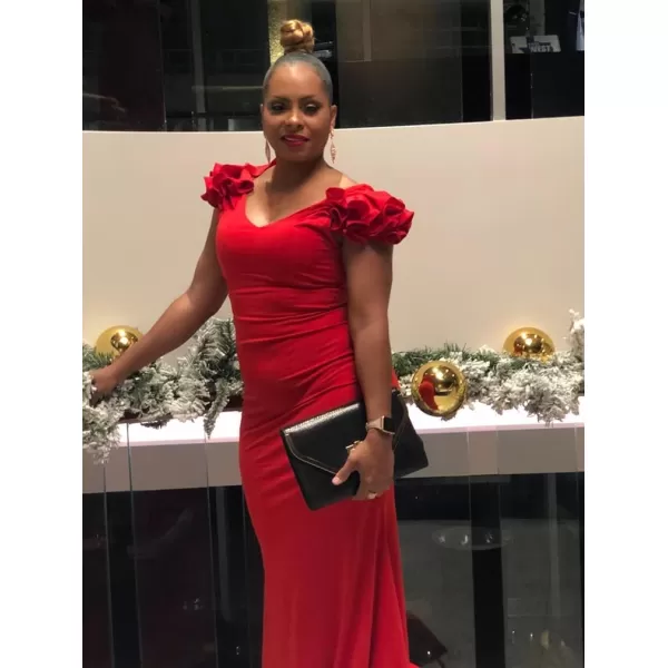 BEAGIMEG Womens Sexy Ruffle Sleeve Elegant V Neck Backless Evening Formal Maxi DressRed