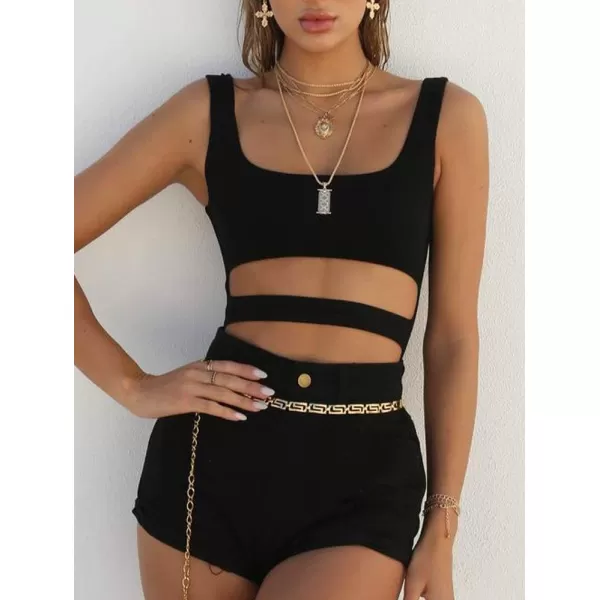 BEAGIMEG Womens Tank Top Cut Out Sleeveless Bodice Bodysuit Party ClubwearBlack