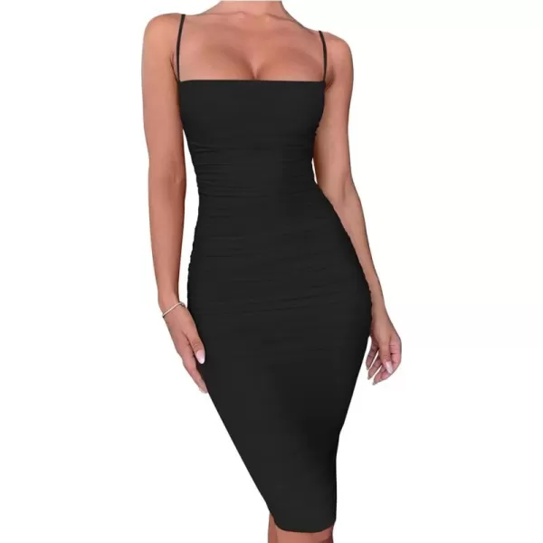 BEAGIMEG Womens Sexy Bodycon Sleeveless Spaghetti Strap Ruched Club Party Cocktail Midi DressBlack