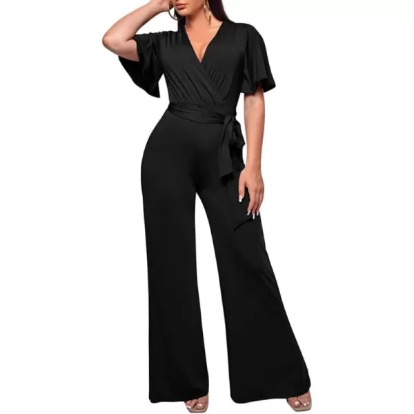BEAGIMEG Womens Sexy Elegant Short Sleeve V Neck Wide Leg Party Club Cocktail JumpsuitBlack