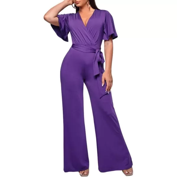 BEAGIMEG Womens Sexy Elegant Short Sleeve V Neck Wide Leg Party Club Cocktail JumpsuitPurple