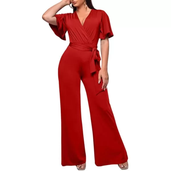 BEAGIMEG Womens Sexy Elegant Short Sleeve V Neck Wide Leg Party Club Cocktail JumpsuitRed