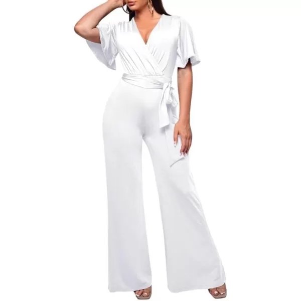 BEAGIMEG Womens Sexy Elegant Short Sleeve V Neck Wide Leg Party Club Cocktail JumpsuitWhite