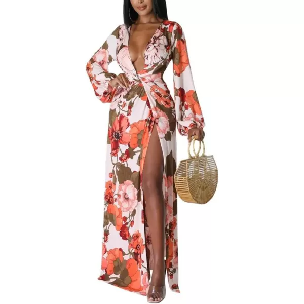 BEAGIMEG Womens Sexy Long Sleeved Floral Print Deep VNeck High Slit Maxi Dress Long DressOrange