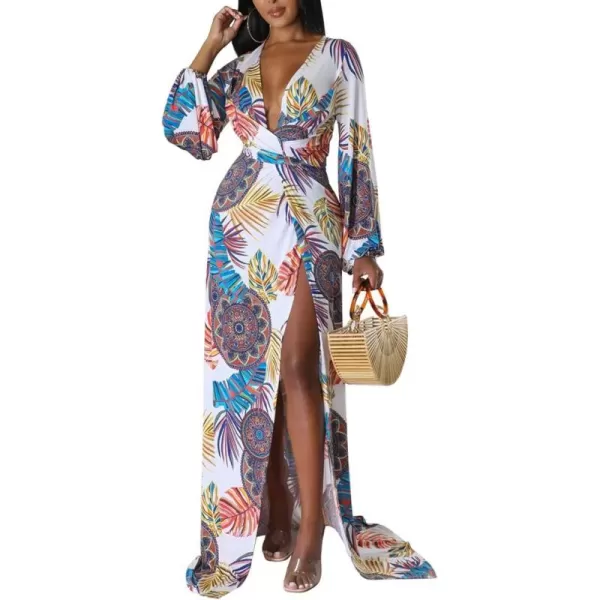 BEAGIMEG Womens Sexy Long Sleeved Floral Print Deep VNeck High Slit Maxi Dress Long DressWhite