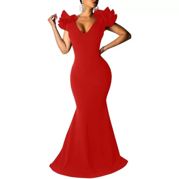 BEAGIMEG Womens Sexy Ruffle Sleeve Elegant V Neck Backless Evening Formal Maxi DressRed