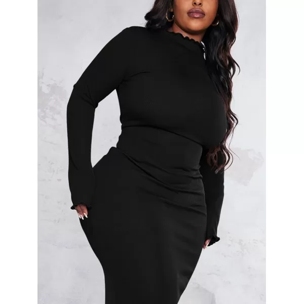 imageBEAGIMEG Womens Sexy Bodycon Plus Size Long Sleeve Rib Lettuce Hem Club Evening Party Maxi DressBlack