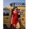 imageBEAGIMEG Womens Sexy Bodycon Short Sleeve Square Neck Side Slit Ruched Party Club Evening Mini DressRed