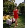 imageBEAGIMEG Womens Sexy Bodycon Short Sleeve Square Neck Side Slit Ruched Party Club Evening Mini DressRed