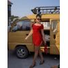 imageBEAGIMEG Womens Sexy Bodycon Short Sleeve Square Neck Side Slit Ruched Party Club Evening Mini DressRed