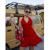 imageBEAGIMEG Womens Sexy Bodycon Sleeveless V Neck Ruched Halter Backless Party Club Mini DressRed
