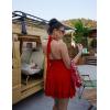 imageBEAGIMEG Womens Sexy Bodycon Sleeveless V Neck Ruched Halter Backless Party Club Mini DressRed