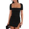 imageBEAGIMEG Womens Sexy Bodycon Short Sleeve Square Neck Side Slit Ruched Party Club Evening Mini DressBlack