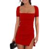 imageBEAGIMEG Womens Sexy Bodycon Short Sleeve Square Neck Side Slit Ruched Party Club Evening Mini DressRed