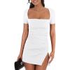 imageBEAGIMEG Womens Sexy Bodycon Short Sleeve Square Neck Side Slit Ruched Party Club Evening Mini DressWhite