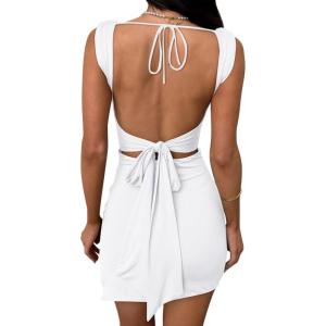 imageBEAGIMEG Womens Sexy Bodycon Sleeveless Backless Side Slit Ruched Lace Up Party Club Evening Mini DressWhite