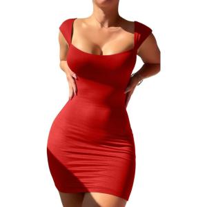 imageBEAGIMEG Womens Sexy Bodycon Sleeveless Wide Straps Basic Solid Club Party Mini DressRed