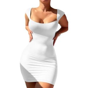 imageBEAGIMEG Womens Sexy Bodycon Sleeveless Wide Straps Basic Solid Club Party Mini DressWhite