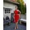 imageBEAGIMEG Womens Sexy Bodycon 2 Piece Sleeveless Cross Cutout Halter Top Ruched Club Party Midi DressRed