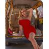 imageBEAGIMEG Womens Sexy Bodycon Sleeveless Ruched Mesh Off Shoulder Club Party Cocktail Mini DressRed