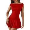 imageBEAGIMEG Womens Sexy Bodycon Off Shoulder Sleeveless Ruffles Club Party Mini DressRed