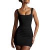 imageBEAGIMEG Womens Sexy Bodycon Sleeveless Square Neck Ruched Adjustable Laceup Back Club Party Mini DressBlack