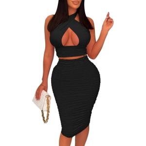 imageBEAGIMEG Womens Sexy Bodycon 2 Piece Sleeveless Cross Cutout Halter Top Ruched Club Party Midi DressBlack