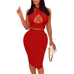 imageBEAGIMEG Womens Sexy Bodycon 2 Piece Sleeveless Cross Cutout Halter Top Ruched Club Party Midi DressRed