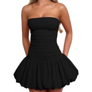 imageBEAGIMEG Womens Sexy Bodycon Ruched Strapless Tube Top Bubble Dress Club Party Mini DressBlack
