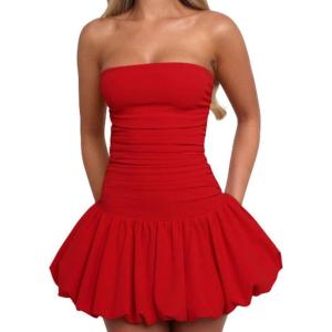 imageBEAGIMEG Womens Sexy Bodycon Ruched Strapless Tube Top Bubble Dress Club Party Mini DressRed