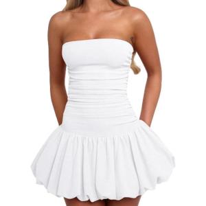 imageBEAGIMEG Womens Sexy Bodycon Ruched Strapless Tube Top Bubble Dress Club Party Mini DressWhite