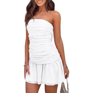 imageBEAGIMEG Womens Sexy Bodycon Strapless Tube Off Shoulder Ruched Backless Club Party Mini DressWhite
