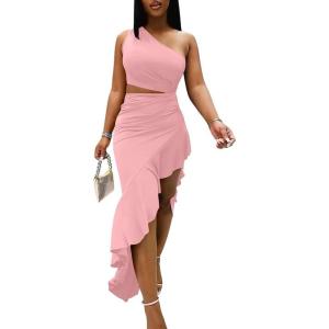 imageBEAGIMEG Womens Sexy Bodycon One Shoulder Ruffle Assymetrical Cut Out Club Party Cocktail Maxi DressPink